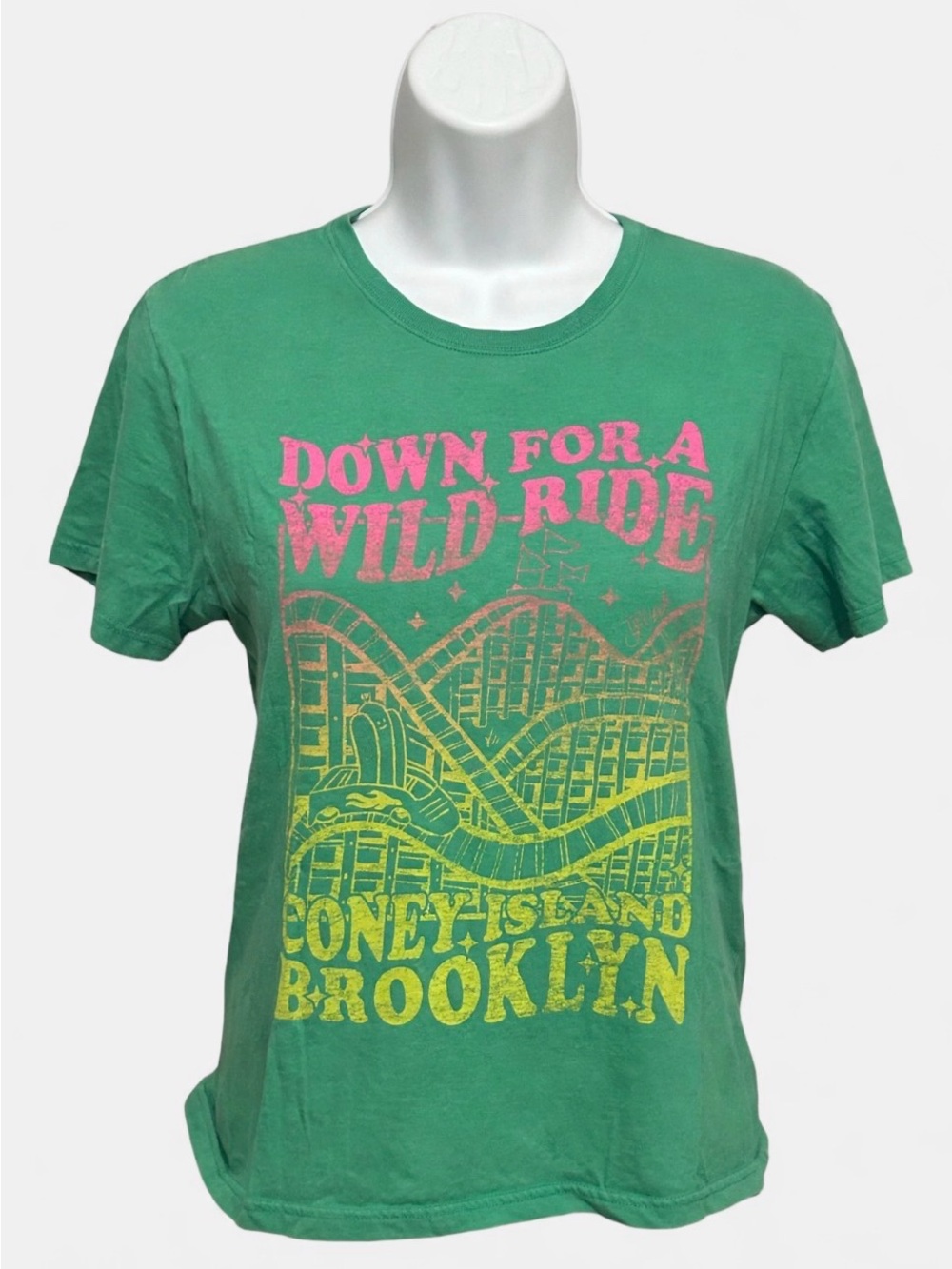 PINK Victoria's Secret Green Short-Sleeve Graphic Tee with Pink and Yellow Print